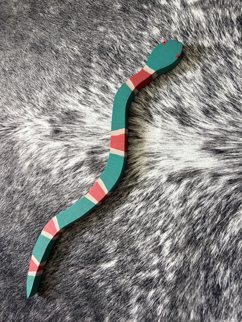 Hand-Painted Teal and Coral Wavy Wooden Snake